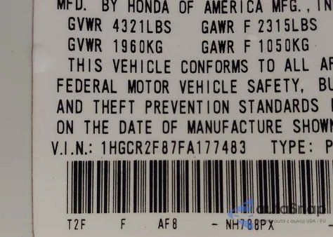 2015 Honda Accord Ex-L z USA, uszkodzony, nr VIN 1HGCR2F87FA177483